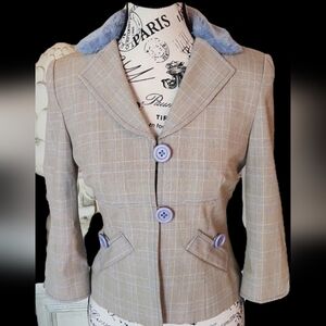 PHOEBE Stylish Tan Jacket with Blue Accents FAUX FURE COLLAR SIZE 0